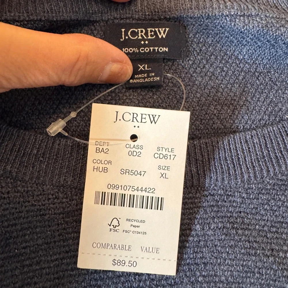 J.Crew Mens Sweater XL Blue Textured Cotton Raglan Sleeve Crewneck Preppy